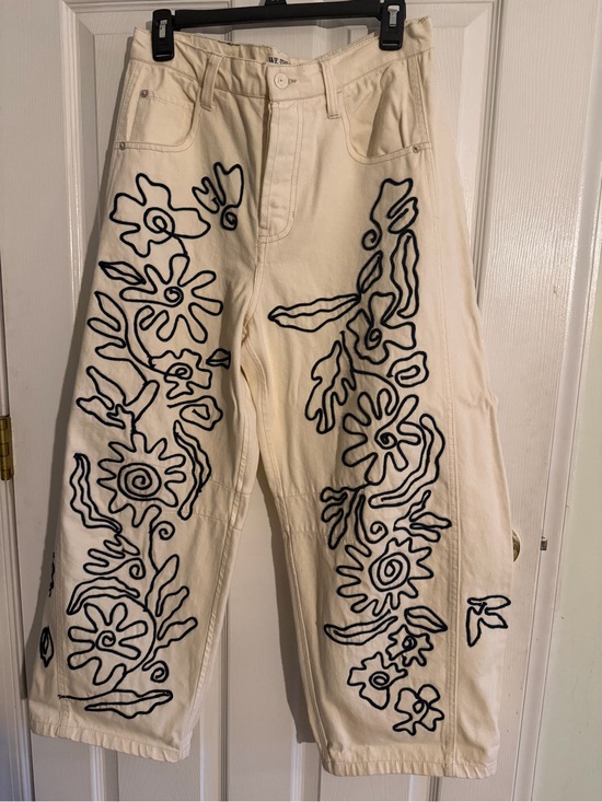 We The Free Pants - Free People Good Luck Soutache Cropped Barrel-leg Jeans In Ivory.